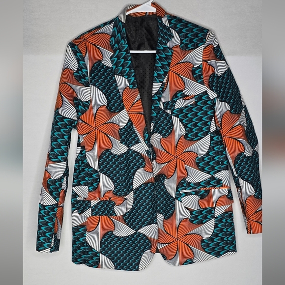 Jackets & Blazers - Afrocentric Womens Single Button Closure Blazer Orange and Teal Size L